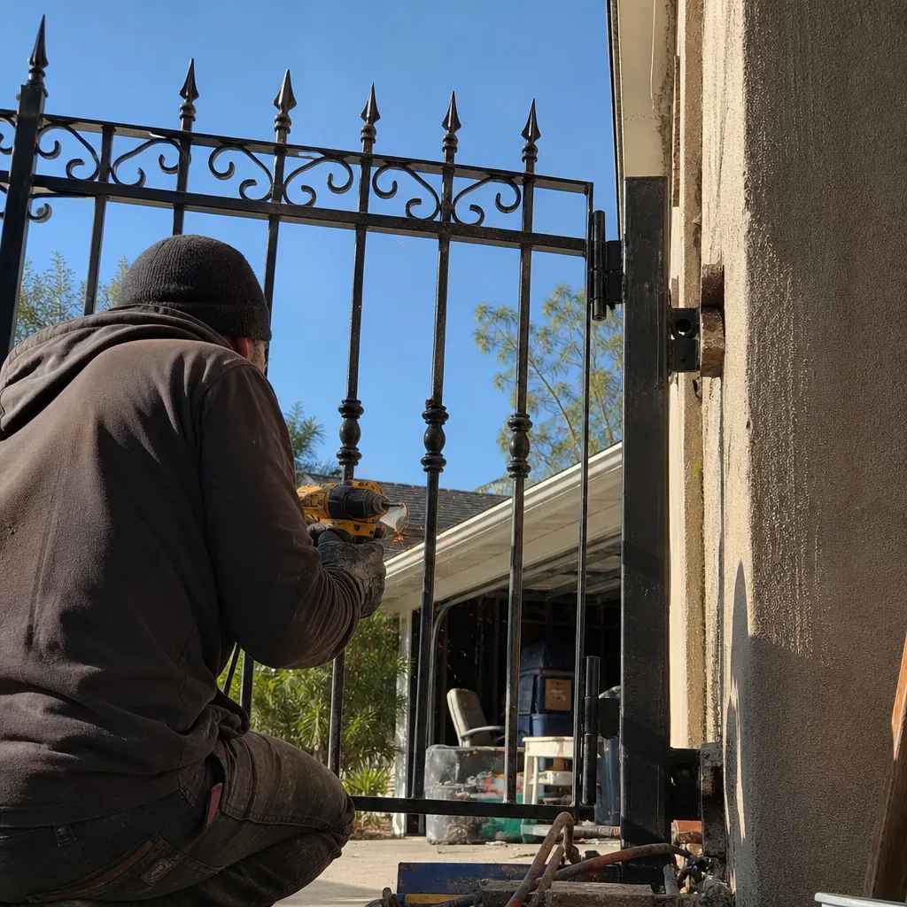 Tradesman performing professional metal gate installation and repair work.