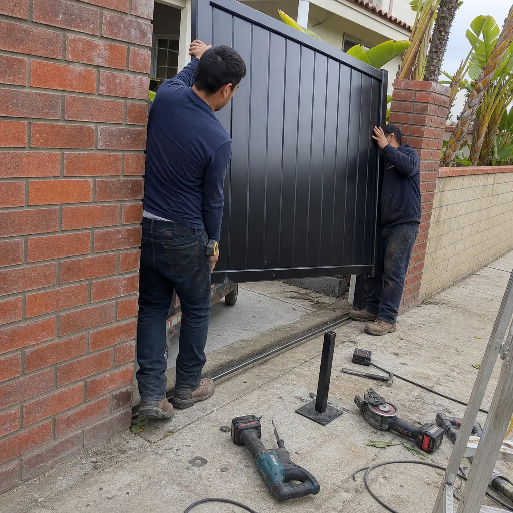 Two technicians installing a new black metal sliding gate outdoors