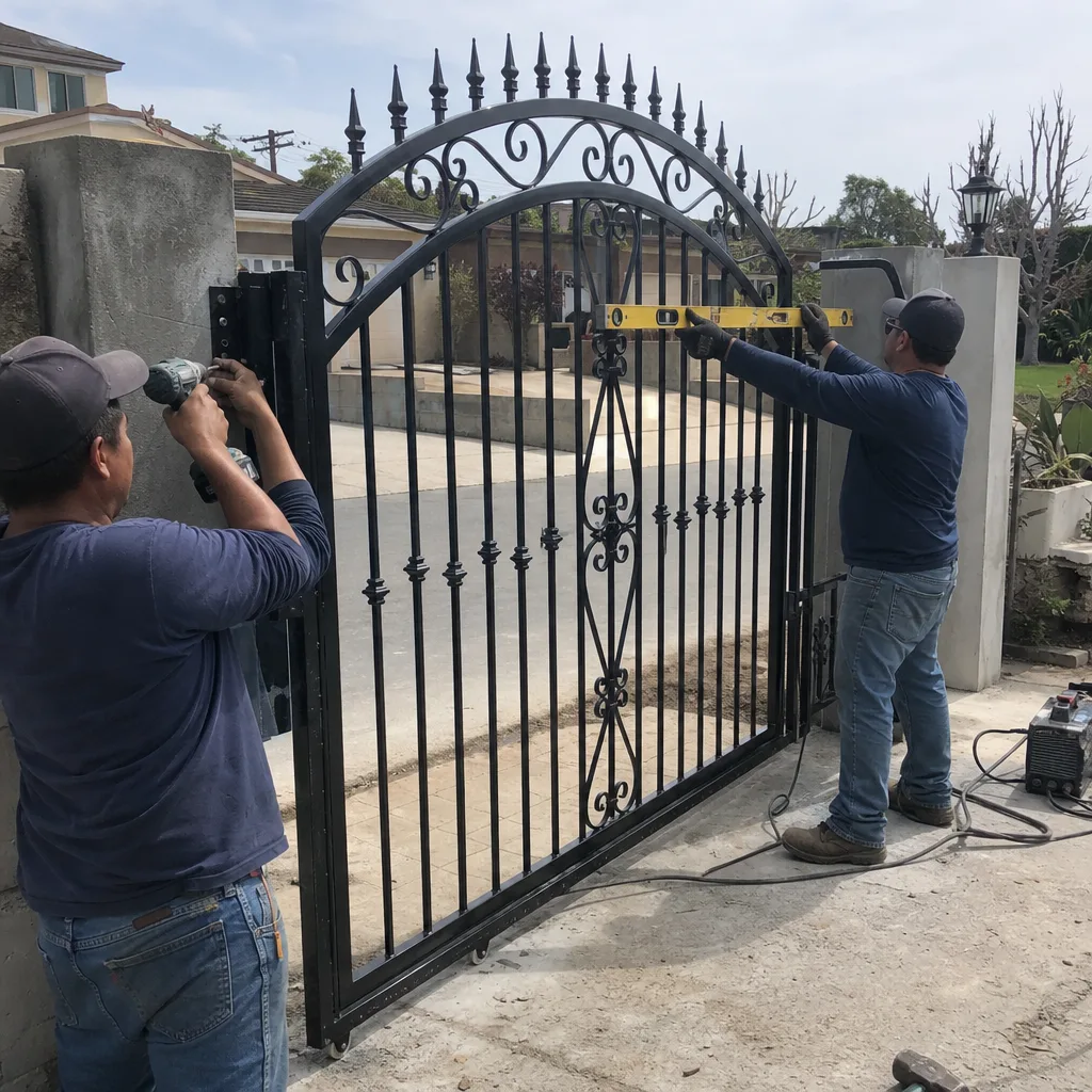 Two professionals installing and leveling a black wrought iron driveway gate.